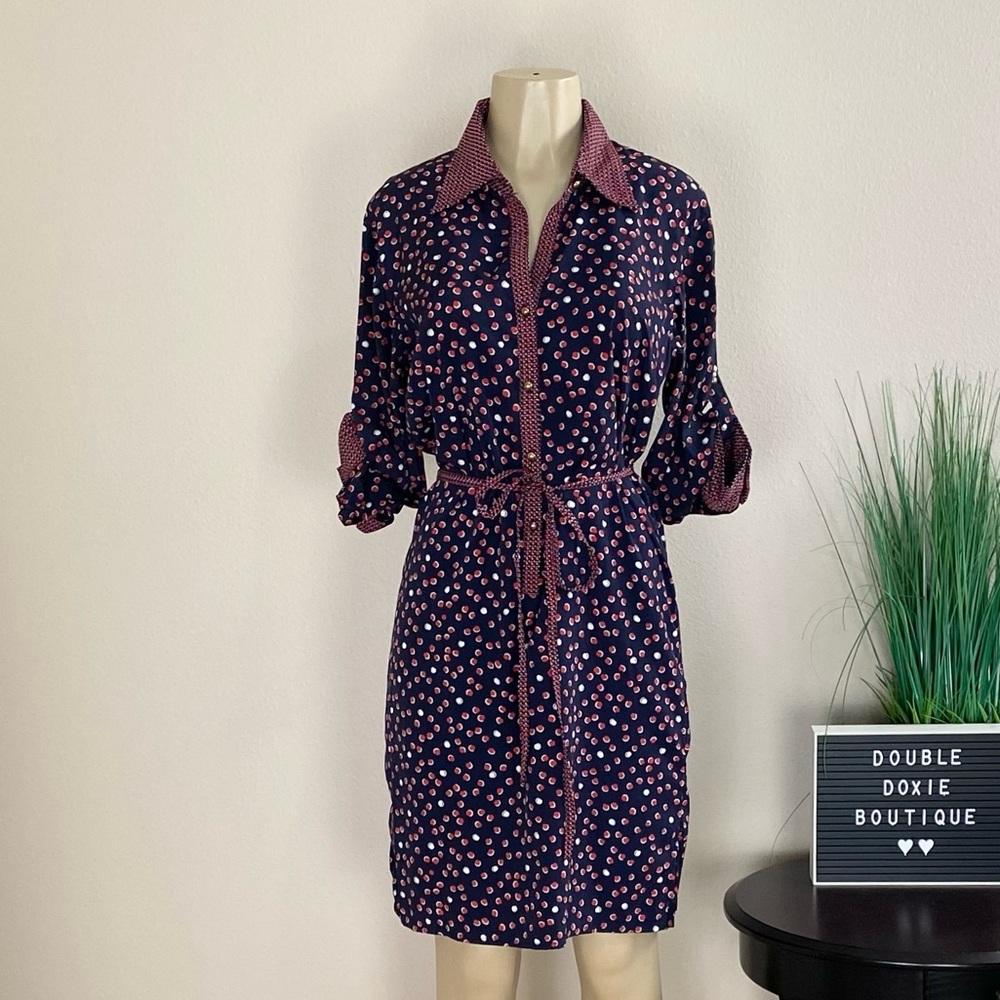 ELLEN TRACY | Red And Navy Belted Shirt Dress Sz M